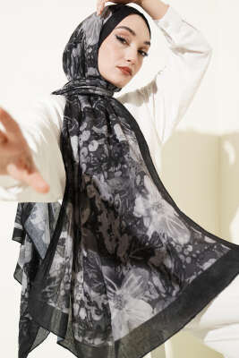 Dijital Baskılı Floral Bambu Şal Siyah 