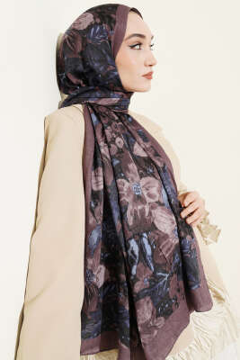 Dijital Baskılı Floral Bambu Şal Soft Kahve - Başörtüsü