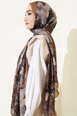 Dijital Baskılı Floral Bambu Şal Yağ Yeşili - Başörtüsü