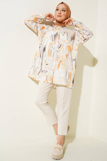 Dijital Baskılı Karma Desen Uzun Gömlek Bej - Gömlek