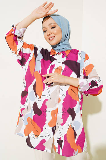 Dijital Baskılı Karma Desen Uzun Gömlek Fusya - Gömlek