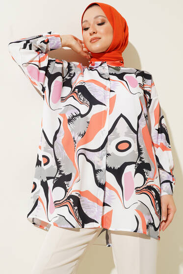 Dijital Baskılı Karma Desen Uzun Gömlek Pembe - Gömlek