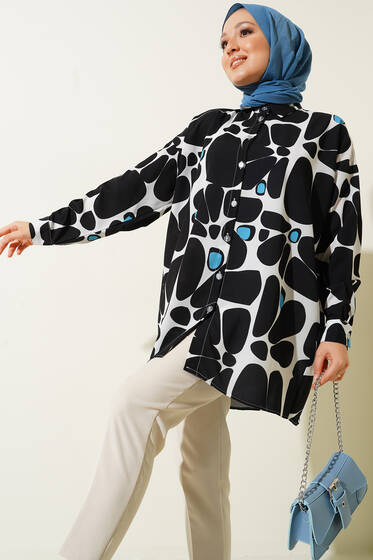 Dijital Baskılı Karma Desen Uzun Gömlek Siyah Beyaz - Gömlek