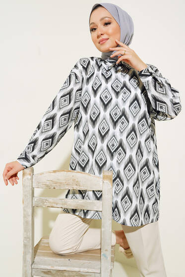 Dijital Baskılı Karma Desen Uzun Gömlek Siyah - Gömlek