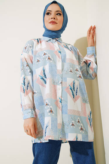 Dijital Baskılı Karma Gömlek Bebe Mavisi - Gömlek