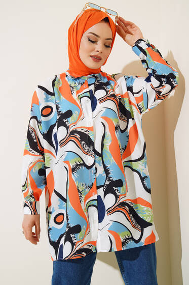 Dijital Baskılı Karma Gömlek Buz Mavisi - Tunik