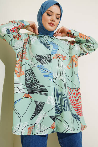 Dijital Baskılı Karma Gömlek Çağla Yeşili - Gömlek