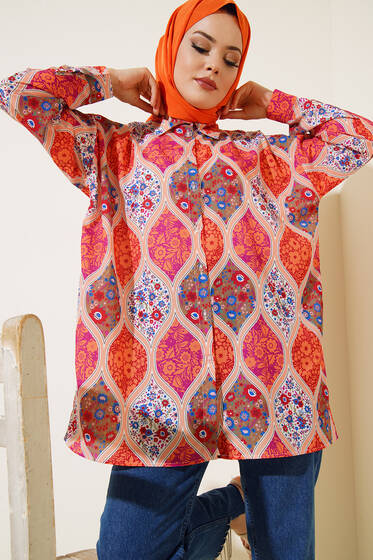 Dijital Baskılı Karma Gömlek Oranj Fuşya - Gömlek