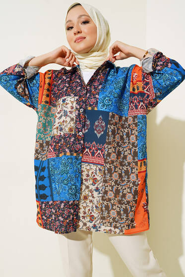 Dijital Baskılı Karma Gömlek Saks - Gömlek