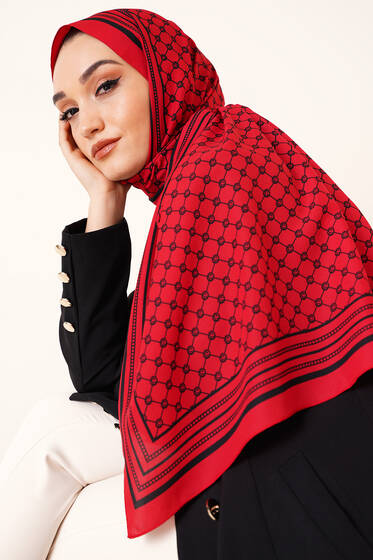 Dijital Baskılı Medine Şal Kırmızı - Black&White