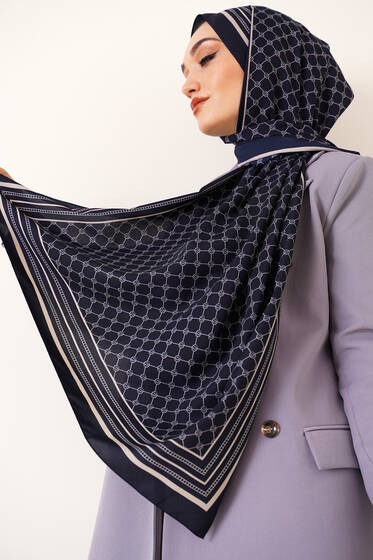 Dijital Baskılı Medine Şal Lacivert - Black&White