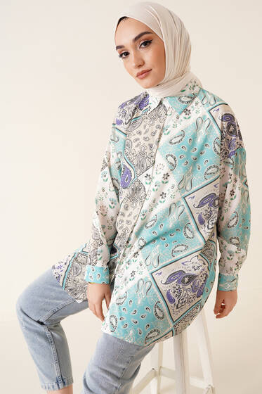 Dijital Baskılı Otantik Desen Gömlek Mint Yeşili - Gömlek