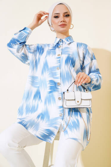 Dijital Baskılı Salaş Gömlek Mavi - Gömlek