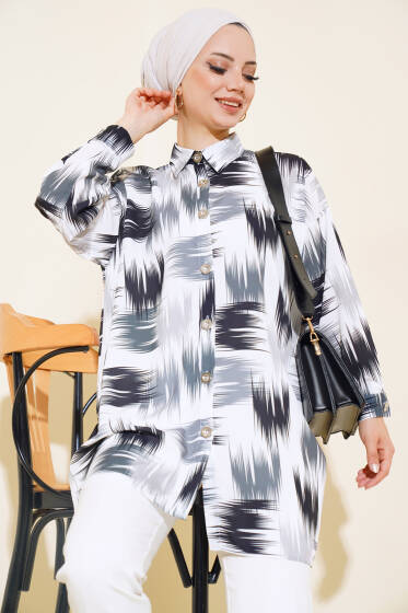 Dijital Baskılı Salaş Gömlek Siyah Haki - Gömlek