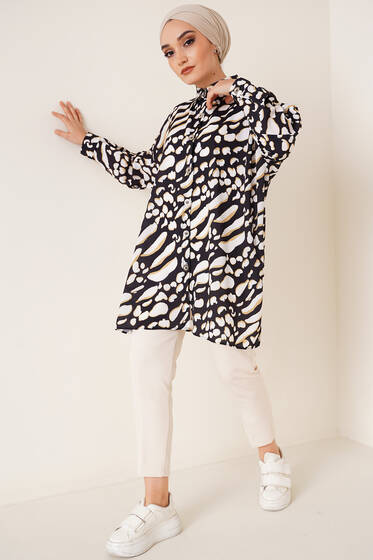 Dijital Baskı Saten Gömlek Siyah - Gömlek