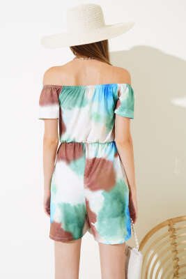 Dijital Baskılı Şort Tulum Kahve - Kadın Giyim Modelleri