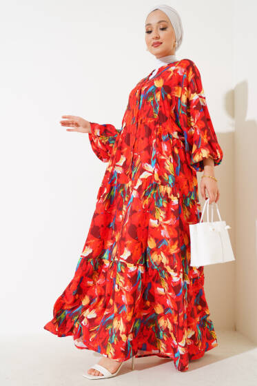 Dijital Dokuma Viskon Elbise Alizarin - Elbise