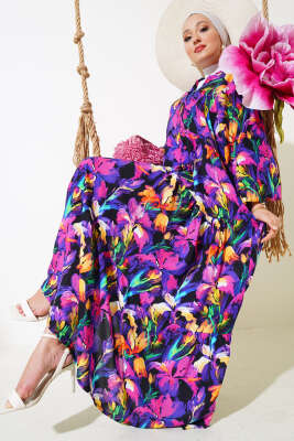 Dijital Dokuma Viskon Elbise Menekşe 