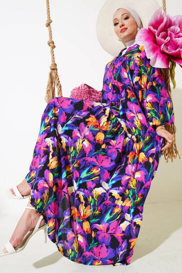 Dijital Dokuma Viskon Elbise Menekşe - Elbise