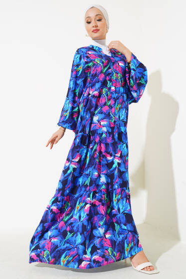 Dijital Dokuma Viskon Elbise Saks - Elbise