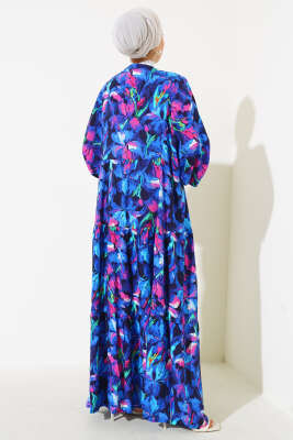 Dijital Dokuma Viskon Elbise Saks - Elbise