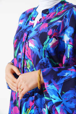 Dijital Dokuma Viskon Elbise Saks - Elbise