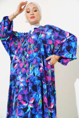 Dijital Dokuma Viskon Elbise Saks - Tesettür Elbise