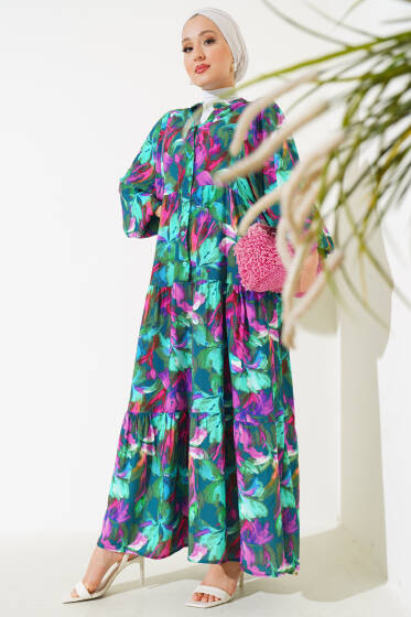 Dijital Dokuma Viskon Elbise Yeşil - Elbise