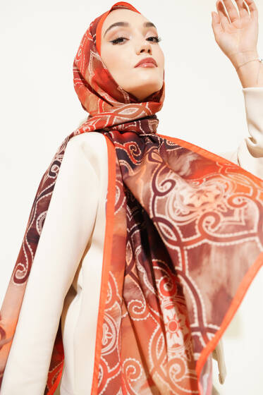 Dijital Etnik Desen Medine Şal Oranj - Yılın Fırsatı 