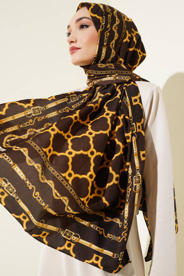Dijital Zincir Desen Medine Şal Kahve - Başörtüsü