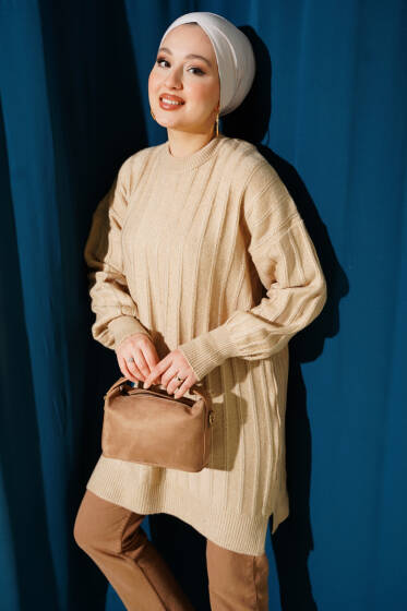 Dik Çizgi Kabartmalı Triko Tunik Bej - Tunik