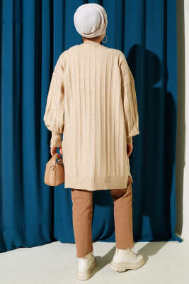 Dik Çizgi Kabartmalı Triko Tunik Bej - Tunik