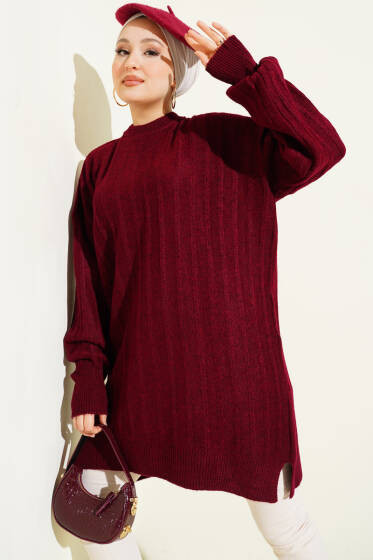 Dik Çizgi Kabartmalı Triko Tunik Bordo - Tunik