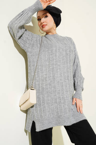 Dik Çizgi Kabartmalı Triko Tunik Gri - Tunik