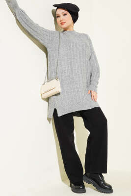 Dik Çizgi Kabartmalı Triko Tunik Gri - Tunik