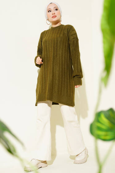 Dik Çizgi Kabartmalı Triko Tunik Haki - Tunik