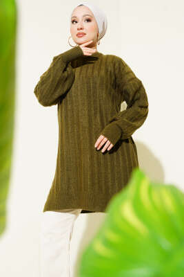 Dik Çizgi Kabartmalı Triko Tunik Haki - Tunik
