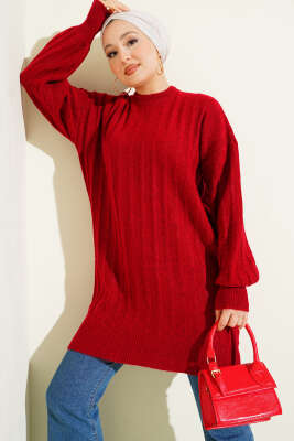 Dik Çizgi Kabartmalı Triko Tunik Kırmızı - KILIÇ TRİKO