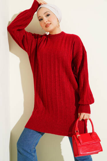 Dik Çizgi Kabartmalı Triko Tunik Kırmızı - Tunik