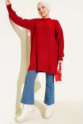 Dik Çizgi Kabartmalı Triko Tunik Kırmızı - Tunik