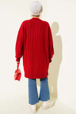 Dik Çizgi Kabartmalı Triko Tunik Kırmızı - Tunik