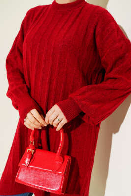 Dik Çizgi Kabartmalı Triko Tunik Kırmızı - Tunik