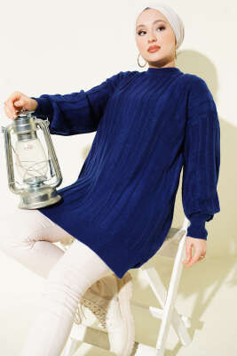 Dik Çizgi Kabartmalı Triko Tunik Lacivert - KILIÇ TRİKO