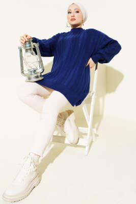 Dik Çizgi Kabartmalı Triko Tunik Lacivert - Tunik