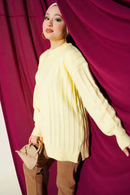 Dik Çizgi Kabartmalı Triko Tunik Sarı - KILIÇ TRİKO