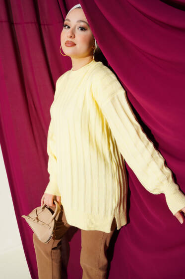Dik Çizgi Kabartmalı Triko Tunik Sarı - Tunik