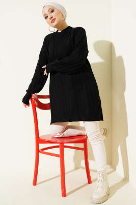 Dik Çizgi Kabartmalı Triko Tunik Siyah - KILIÇ TRİKO