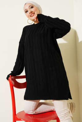 Dik Çizgi Kabartmalı Triko Tunik Siyah - Tunik