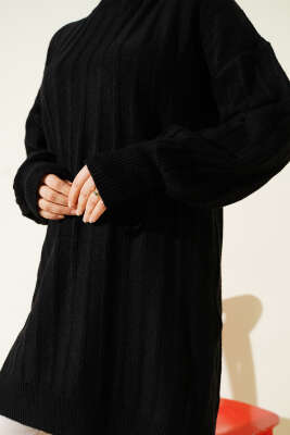 Dik Çizgi Kabartmalı Triko Tunik Siyah - Tunik