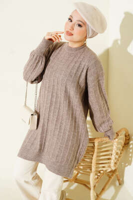 Dik Çizgi Kabartmalı Triko Tunik Vizon - KILIÇ TRİKO